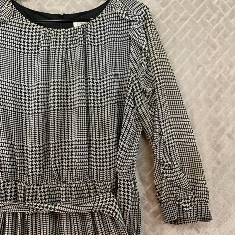 Calvin Klein Womens M Mini Dress Black White Houndstooth Long Sleeve with Belt - Picture 4 of 16